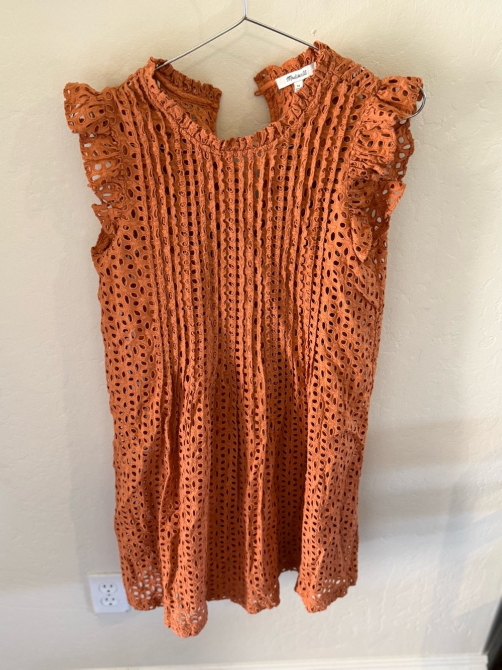 Madewell Orange Eyelet Ruffle Sleeve Cotton Dress